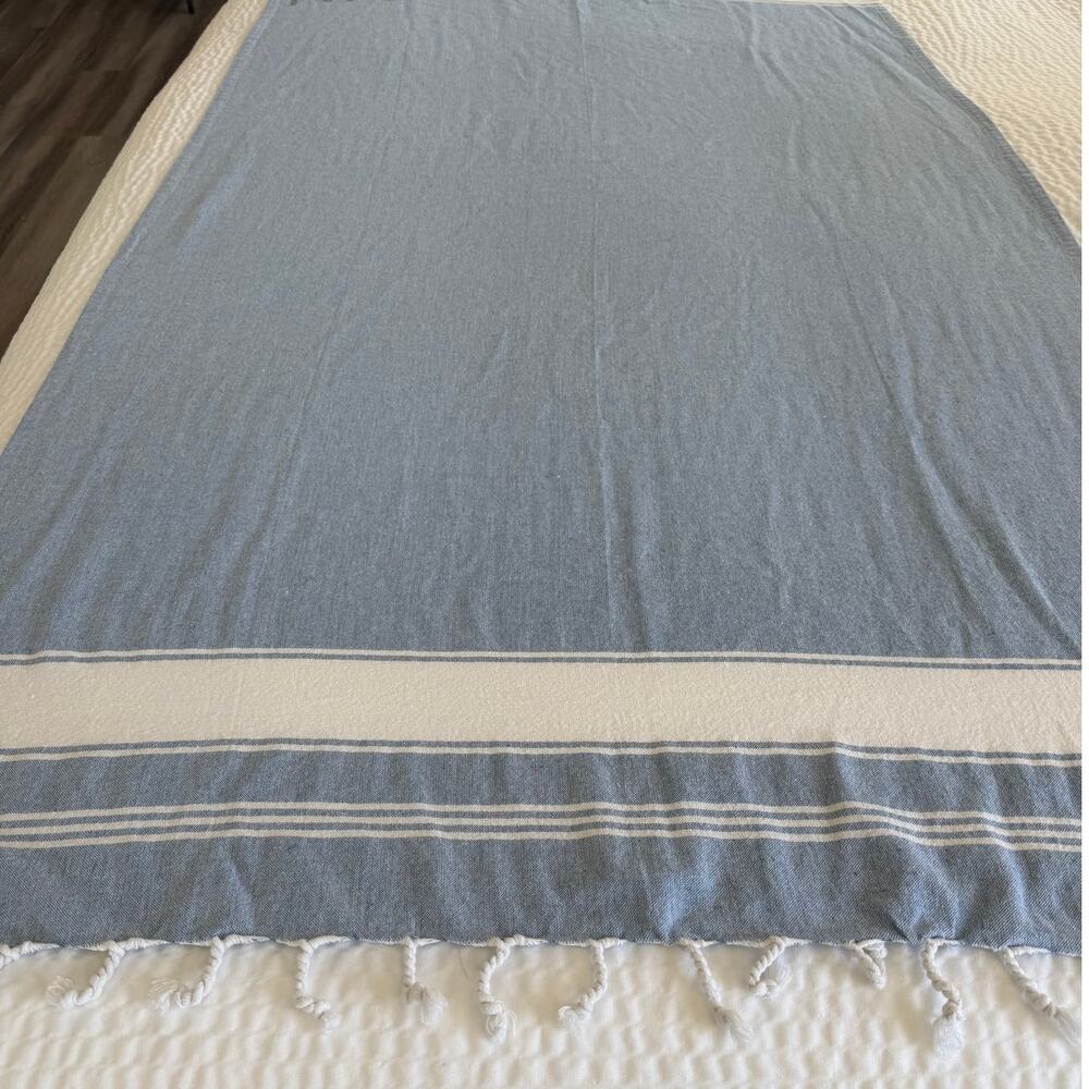 Salt Earth Cotton Tassel Throw Blanket Coastal Blue White Striped Sofa Throw